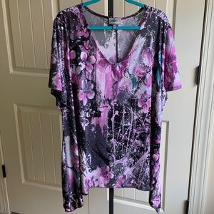 Essentials Plus Size Purple/Black/Teal Bejeweled Floral Lightweight Top